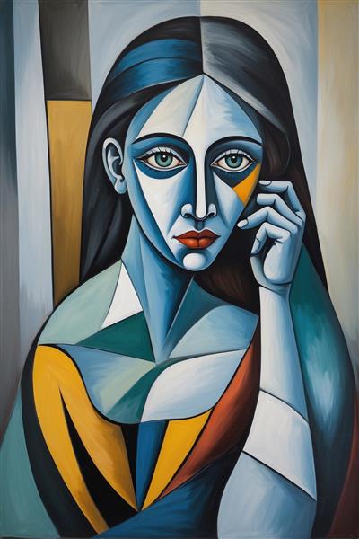 طرح نقاشی کوبیسم چهره زن با خطوط هندسی پیکاسویی ایده‌آل برای چاپ بر روی روتختی، کوسن و پوسترهای عمودی دیواری در گالری‌های هنری