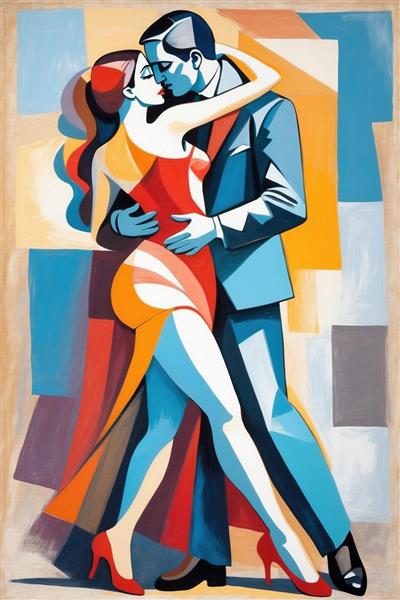 پوستر دیواری مدرن طرح رقص تانگو به سبک کوبیسم و پابلو پیکاسو مناسب برای دکوراسیون سالن‌های پذیرایی لوکس و آموزشگاه‌های رقص