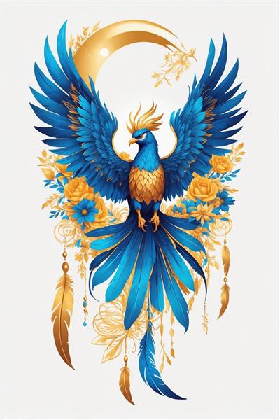 نقاشی دیجیتال وارغ (پرنده شکوه) در حلقه گل و دریم کچر آبی و زرد مناسب چاپ روی ماگ و بشقاب و اکسسوری