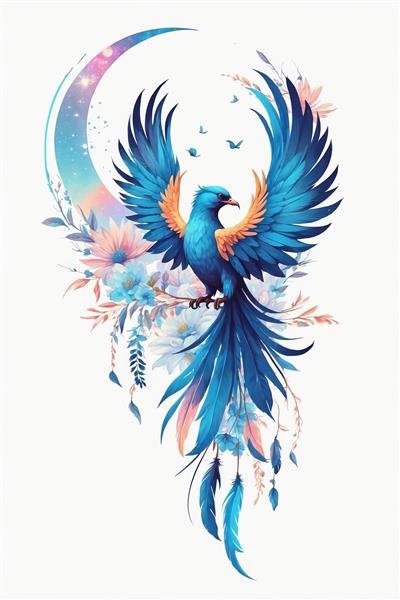 تصویر نقاشی شده سیمرغ درخشان با پرهای فیروزه‌ای و گلهای پاستلی ویژه پوستر دیواری پذیرایی و بالای شومینه