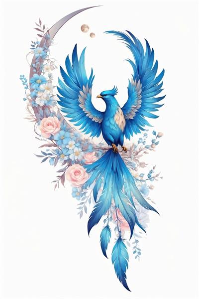 طرح هنری ققنوس پارسی بر روی هلال ماه و رزهای صورتی ایده تابلو دکوراتیو برای کلینیک‌های زیبایی و سالن‌های لوکس