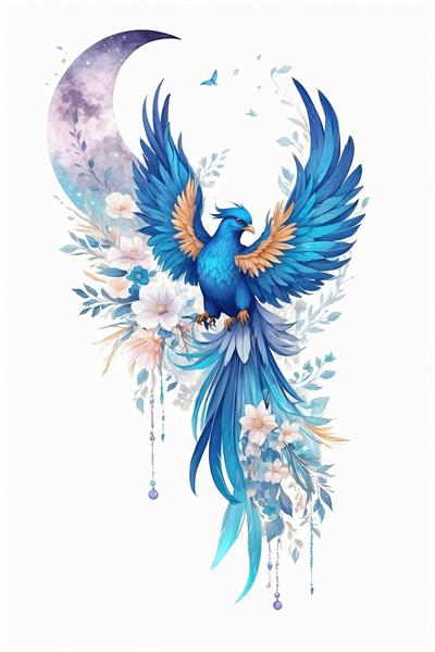 پوستر دیواری طرح هما، مرغ سعادت آبی و ماه با جزییات ظریف نقاشی برای تزیین اتاق خواب دخترانه و رویای کودک