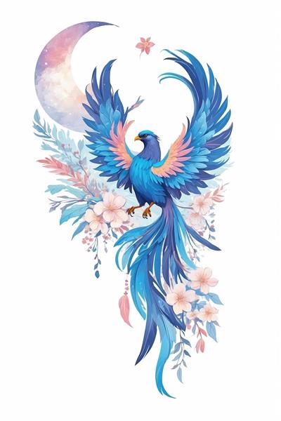 نقاشی رنگی مرغ آمین در میان شکوفه‌ها و ماه ایده کاغذ دیواری سه بعدی برای پشت تلویزیون و نشیمن