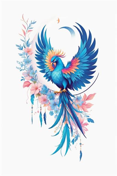 طرح فانتزی سیمرغ افسانه‌ای با پرهای آبی و گلهای بهاری ایده پوستر دیواری اتاق کودک و نوزاد و مهدکودک