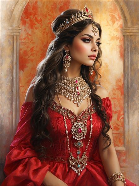 طرح لوکس ملکه ایرانی در ایوان عمارت با تاج و جواهرات قیمتی ویژه چاپ پوستر دیواری پذیرایی و پشت تخت خواب