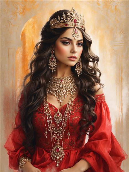 کاغذ دیواری سه بعدی طرح دختر پادشاه ایرانی با جواهرات سنگ‌کاری شده و تاج باشکوه مناسب سالن‌های زیبایی و گریم