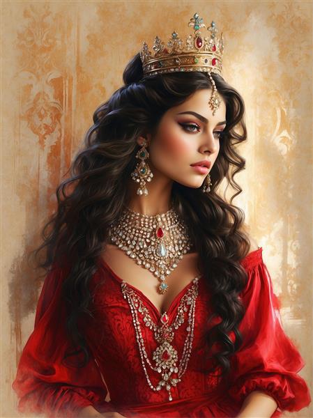 تصویر نقاشی شده پرتره زن اشرافی پارسی با تاج طلا و جواهرات لوکس ویژه پوستر دیواری عمودی در اتاق خواب مستر