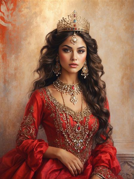 تابلو دکوراتیو طرح ملکه ایرانی با تاج مرصع و لباس مجلل قرمز برای تزیین پشت میز پذیرش و فضاهای تشریفاتی