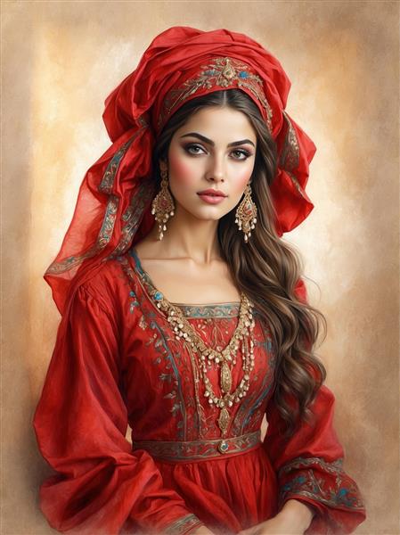 طرح نقاشی چهره دختر قاجاری با سربند سنتی و جواهرات باشکوه ایده کاغذ دیواری سه بعدی برای تالار پذیرایی و هتل