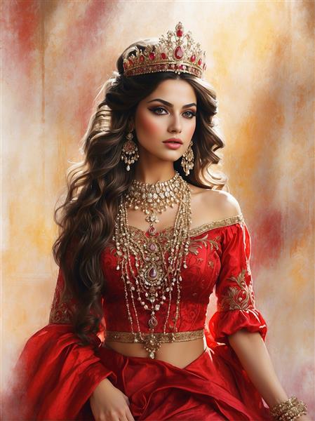 دختر ایرانی با لباس دکولته قرمز و تاج جواهر برای پوستر دیواری آرایشگاه‌های لاکچری و مزون‌های عروس