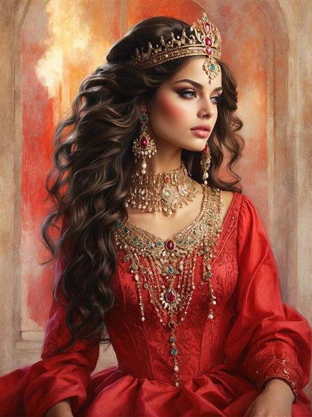 طرح گرافیکی زن اصیل با تاج زمرد و جامه سرخ مناسب برای چاپ روی فرش‌های تصویری و تابلو فرش‌های مدرن