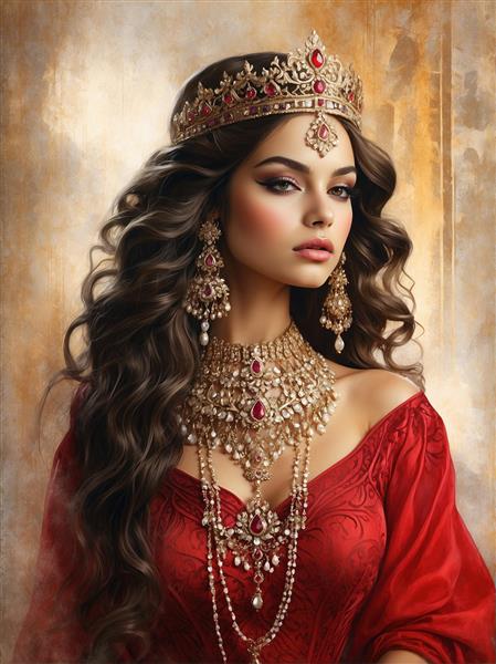 نقاشی دیجیتال چهره معصوم بانو با تاج ظریف یاقوت برای چاپ روی نوت‌بوک، ماگ و بگ‌های فانتزی دخترانه