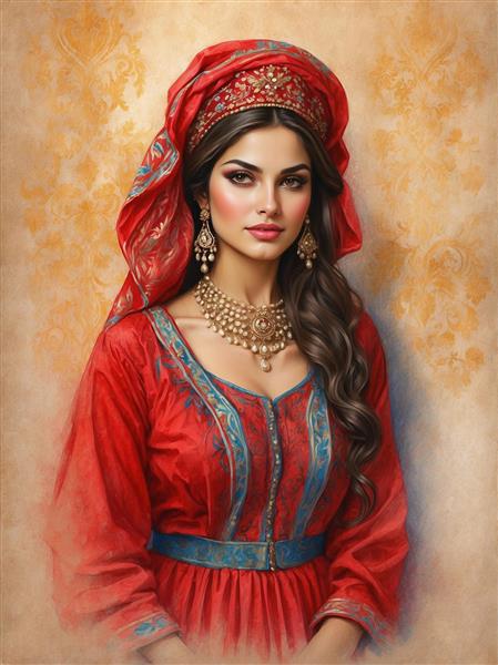 طرح زن پارسی با سربند قرمز و آرایش ملایم شرقی ویژه پوستر دیواری ۳ بعدی اتاق خواب و سالن‌های اسپا