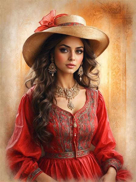 تصویر رویایی بانوی ایرانی با کلاه حصیری و لباس قرمز تزیین شده مناسب برای کوسن، آلبوم خاطرات و دکوراسیون ویلا