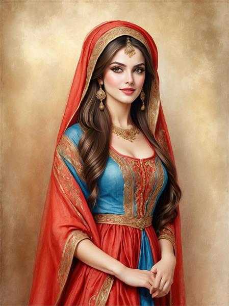 نقاشی هنری بانو با شال قرمز و لباس فیروزه‌ای قجری مناسب برای دیوار پوش‌های سه بعدی و روتختی‌های چاپی