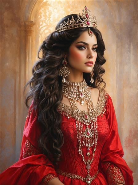 تابلو نقاشی دیجیتال ملکه شرق با لباس فاخر ملی و جزییات طلاکوب شده برای پشت میز پذیرش هتل‌ها و رستوران‌های سنتی