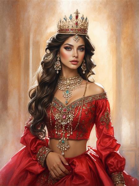 تصویر هنری دختر زیبای ایرانی با لباس عروس قرمز و تاج پادشاهی برای پوستر دیواری سه بعدی مزون‌های لباس و سالن زیبایی