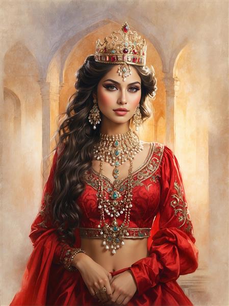 نقاشی دیجیتال ملکه اصیل ایرانی با تاج جواهرنشان و لباس قرمز اشرافی مناسب پوستر دیواری پذیرایی و تالارهای مجلل