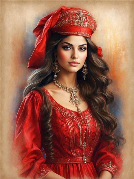 پوستر دیواری سه بعدی زن ایرانی با کلاه سنتی و لباس قرمز برای دکوراسیون داخلی کافه تریای هتل‌های سنتی