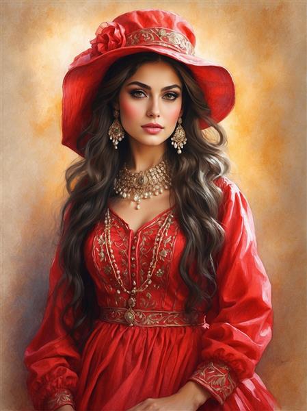 طرح تابلو دکوراتیو زن ایرانی با کلاه لبه‌دار قرمز و گردنبند مجلل برای دیوارهای راهرو و ورودی هتل‌های مدرن