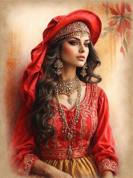 نقاشی دختر ایرانی با کلاه قرمز و لباس سنتی طلایی ویژه چاپ روی کوسن، رومیزی و پرده‌های تصویری فانتزی