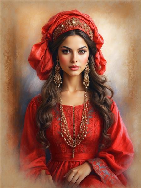 پوستر دیواری چهره زن ایرانی با سربند قرمز و گردنبندهای مروارید مناسب برای دکوراسیون پشت تخت خواب و سالن ماساژ