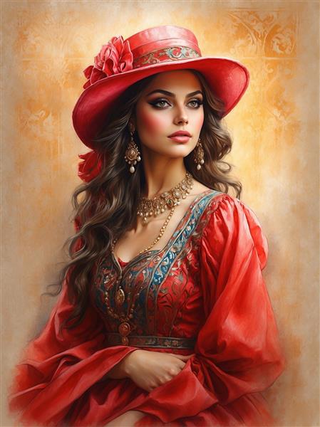 تصویر گرافیکی زن ایرانی با کلاه شیک قرمز و لباس کلاسیک جهت استفاده در دکوراسیون اتاق مدیریت و فضاهای هنری