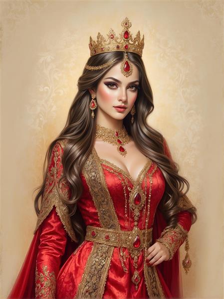 پوستر دیواری سه بعدی چهره زن ایرانی با تاج زرین و لباس سلطنتی برای دکوراسیون داخلی هتل‌ها و عمارت‌های مجلل