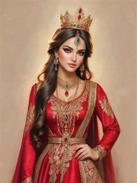 نقاشی پرتره زن اشرافی ایرانی با تاج و لباس گل‌دوزی شده قرمز مناسب برای پوستر دیواری سالن‌های پذیرایی بزرگ