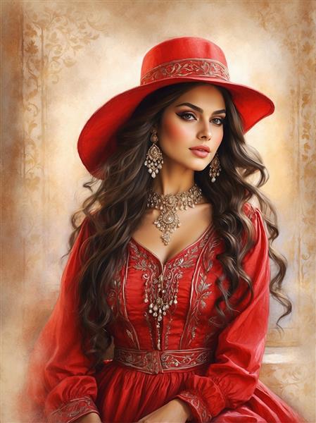 طرح مدرن زن ایرانی با کلاه لبه‌دار قرمز و استایل هنری ویژه چاپ پوستر دیواری اتاق نشیمن و دفتر کار