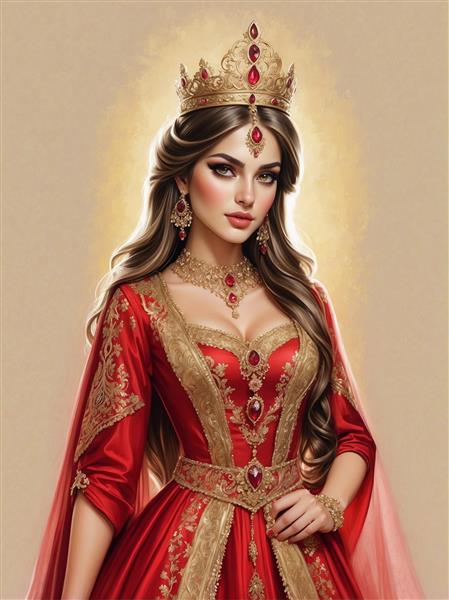 تابلو دکوراتیو ملکه ایرانی با تاج و لباس قرمز فاخر جهت نصب در سالن تشریفات و اتاق مدیریت