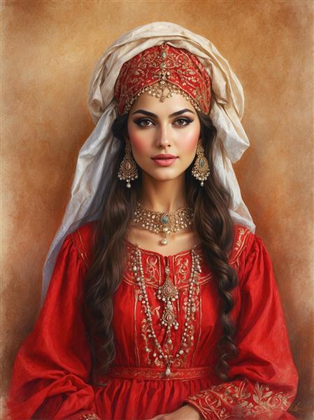 طرح گرافیکی چهره زن ایرانی با کلاه و جواهرات سنتی مناسب کاغذ دیواری سه بعدی و پوستر دیواری پشت تخت خواب