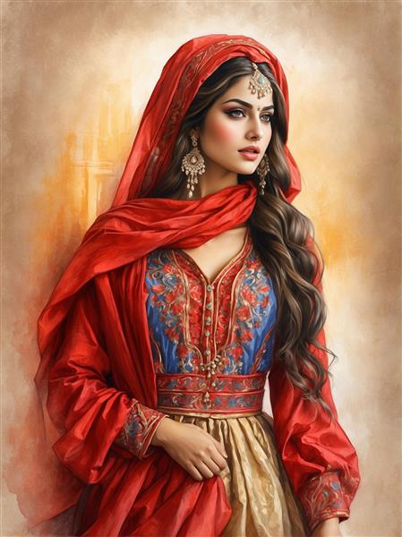 تصویر نقاشی باکیفیت دختر ایرانی با شال قرمز و لباس محلی برای چاپ روی پرده، روتختی و کوسن اتاق خواب دخترانه