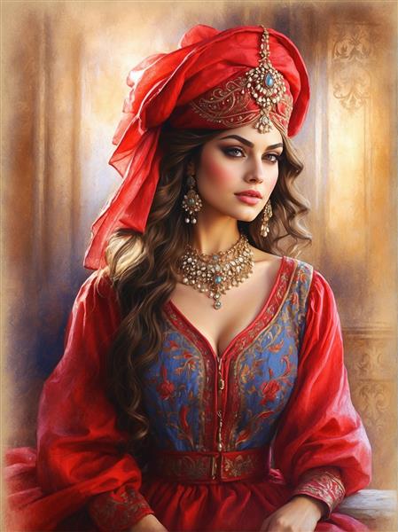 پوستر دیواری سه بعدی چهره زن ایرانی با سربند قرمز و لباس سنتی ویژه دکوراسیون مزون‌های لباس و سالن‌های زیبایی