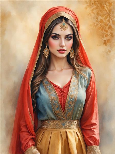 نقاشی دیجیتال زن زیبای ایرانی با لباس سنتی و شال قرمز مناسب چاپ پوستر دیواری اتاق خواب و سالن پذیرایی ویلا