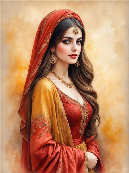 نقاشی آبرنگی از دختر زیبای ایرانی با لباس نارنجی و زرد برای پوستر دیواری مهدکودک، اتاق کودک و طراحی کتاب داستان