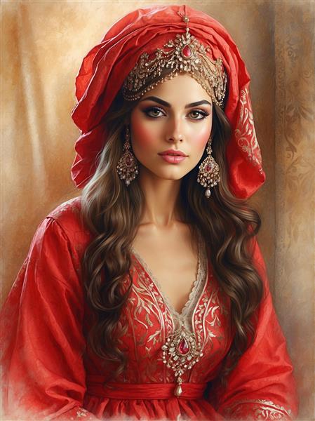 تصویرسازی چهره زن با حجاب سنتی و تاج مرصع مناسب برای پوستر دیواری اماکن اقامتی بوم‌گردی و کافه کتاب‌های هنری