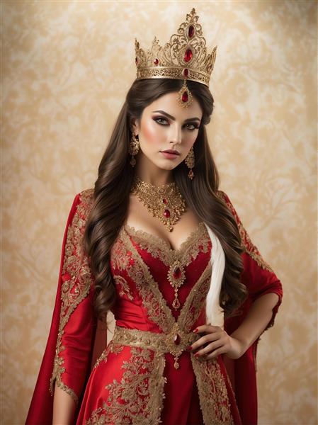 نقاشی دیجیتال بانوی اشرافی ایرانی با تاج ظریف و موهای بلند برای چاپ تابلو شاسی و پوستر دیواری دکوراسیون داخلی پذیرایی