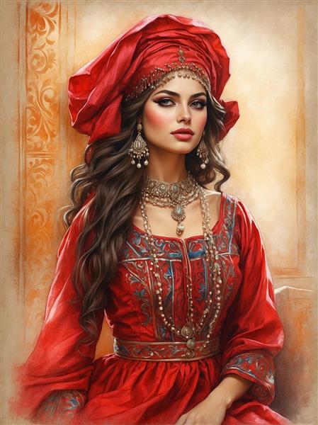 طرح دکوراتیو زن ایرانی با دستار سنتی و لباس فاخر قرمز برای پوستر دیواری رستوران‌های مجلل و هتل‌های سنتی