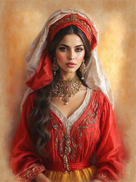 نقاشی چهره زن اصیل با لباس محلی زرد و قرمز و شال سفید مناسب برای چاپ روی کالای خواب، کوسن و پرده‌های سنتی