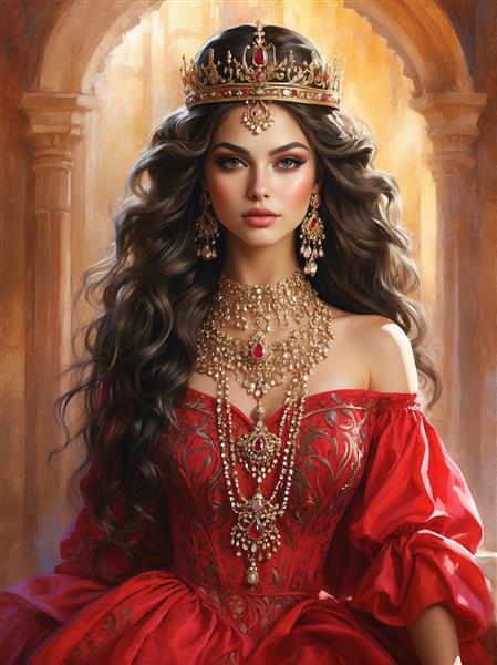 تصویر فانتزی ملکه جوان ایرانی با آرایش مدرن و لباس کلاسیک مناسب برای پوستر دیواری آرایشگاه زنانه و کلینیک‌های زیبایی
