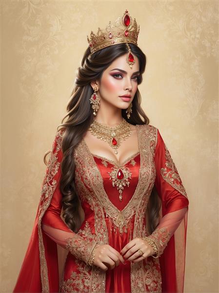 فیگور ایستاده ملکه پارسی با لباس جواهردوزی قرمز و طلایی مناسب برای پوستر دیواری قدی و شاسی‌های تزیینی مزون