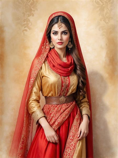 پوستر دیواری لوکس از چهره زن ایرانی با لباس طلایی و قرمز و کمربند چرمی مناسب برای دکوراسیون پشت میز پذیرش و لابی