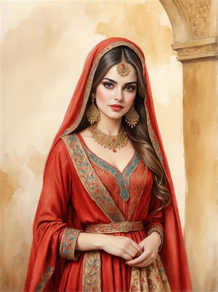تصویر دختر ایرانی با پوشش سر سنتی و لباس اصیل قاجاری سبک آبرنگی برای تابلو دکوراتیو اتاق نشیمن و چاپ روی ظروف تزیینی