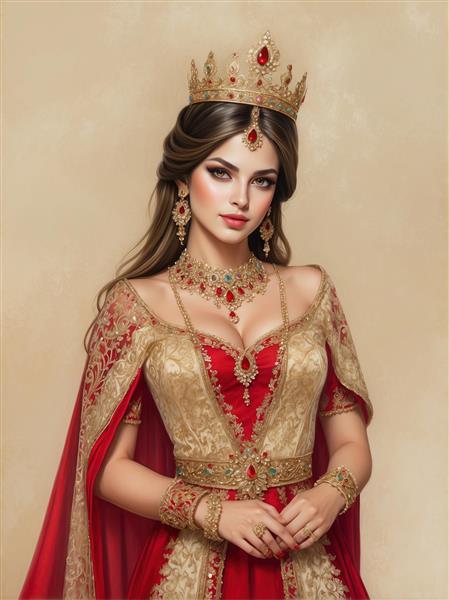 نقاشی هنری دختر ایرانی با لباس جواهردوزی شده و تاج طلایی خیره‌کننده ویژه چاپ روی کوسن، شال و پوستر دیواری سالن آرایش