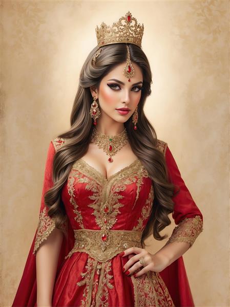 نقاشی دیجیتال ملکه ایرانی با تاج زرین و لباس قرمز قجری مناسب برای تابلو دکوراتیو تالار پذیرایی و پوستر دیواری عمودی لوکس