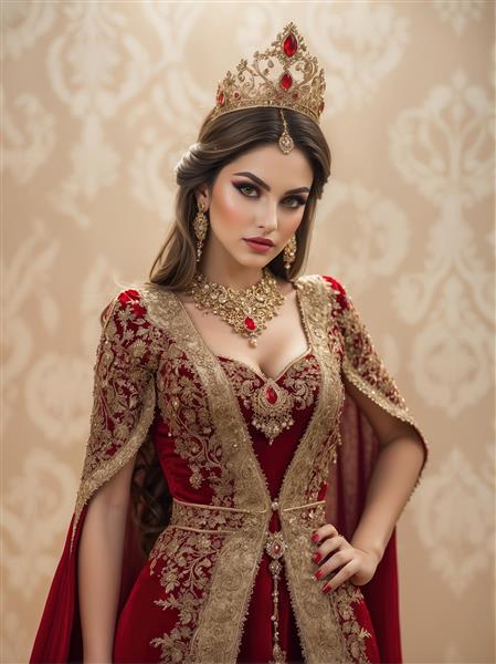 طرح دیوارپوش دکوراتیو با تصویر بانو، تاج سلطنتی و لباس قرمز گلدوزی شده مناسب هتل‌ها و تالارهای لوکس