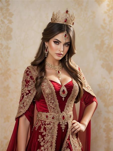 تصویر گرافیکی زن با تاج یاقوت و لباس سنتی مجلل برای چاپ روی دفترچه، ماگ و پوسترهای دیواری هنری