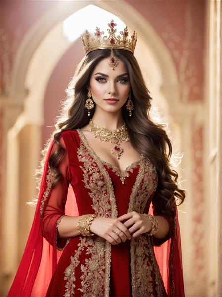 پوستر دیواری پذیرایی مدل بانو با لباس قرمز کلاسیک در فضای قصر برای دکوراسیون‌های با تم قرمز و طلایی