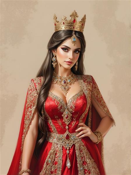 طرح لایه باز پوستر دیواری چهره ملکه با تاج طلایی و لباس قرمز جواهردوزی شده ویژه دیوارهای سالن تشریفات